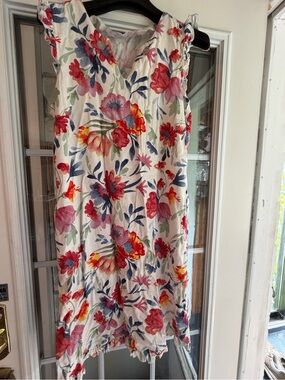 Sleeveless Floral Midi Dress in White with Red & Blue Blooms
